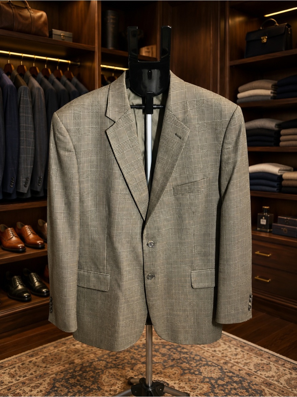 Gerald Austin 50R 100% Wool Plaid Sport Coat Blazer Tan Gray (Discount Price)